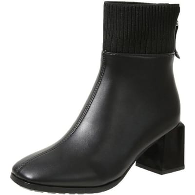 Mode Laarzen Dames Herfst Winter Nieuwe Hoge Hak Dames Korte Laarzen Eenvoudige Splicing Vierkante Neus Dikke Hak Dameslaarzen 40