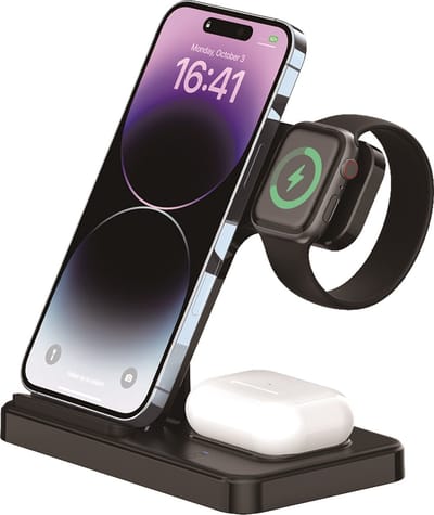3-in-1 draadloos oplaadstation, opvouwbaar, gemakkelijk in de bagage plaatsen, handig om te reizen, voor iPhone 14/13/12/11 Pro Max/X/Xs , iWatch 7/6/5/SE/4/3/2, AirPods 3/2/Pro en Samsung en Qi-compatibele mobiele