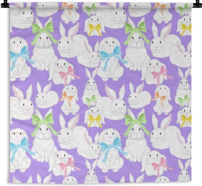 Wandkleed - Wanddoek - Patronen - Konijn - Paars - Lente - 180x180 cm - Wandtapijt