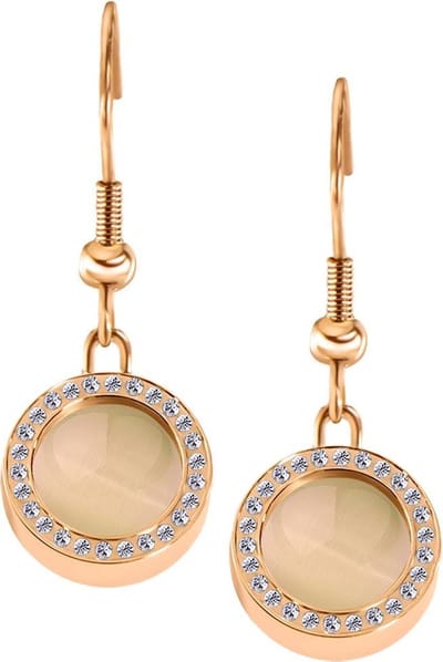 Quiges RVS Schroefsysteem Oorhangers Oorbellen Rosékleurig met Zirkonia en Verwisselbare Cat's Eye Champagne Mini Munt Set - ECOS152