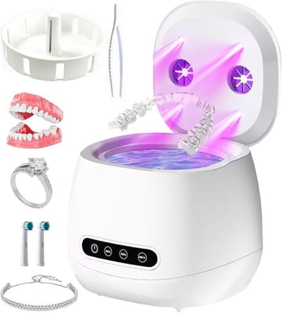 Ultrasoon Reiniger - Met afdruiprekje - 360º - Ultrasoon gebitsreiniger - Ultrasone Reiniger - Draagbare gebitsreinigingskamer - Kunstgebit & Prothese Schoonmaken - Reinigingsapparaat Voor kunstgebitten, mondbeschermers, beugels, aligners, sieraden