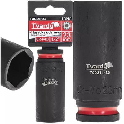 Tvardy Lange slagdop zeskant 23 mm - chroom-molybdeenstaal - aansluiting 12,5 mm - zwart - voor slagmoersleutels, diepliggende moeren, auto en industrie
