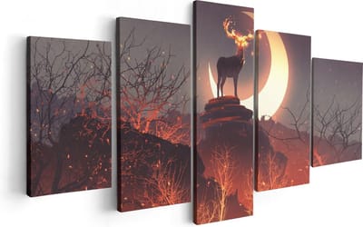 Artaza Canvas Schilderij Vijfluik Hert Op Een Rots Tijdens Halve Maan - 100x50 cm - Wanddecoratie Woonkamer - Schilderijen - Muurdecoratie