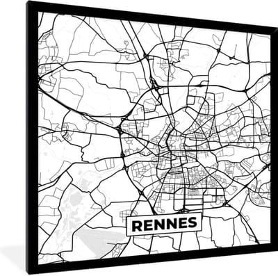 Fotolijst incl. Poster Zwart Wit- Kaart - Stadskaart - Rennes - Frankrijk - Plattegrond - Zwart wit - 40x40 cm - Posterlijst