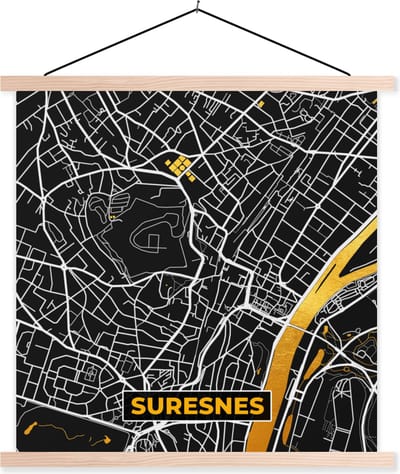 Posterhanger incl. Poster 40x40 cm - Schoolplaat - Stadskaart - Frankrijk - Plattegrond - Kaart - Suresnes - Textielposter - Blanke latten - Stadskaart