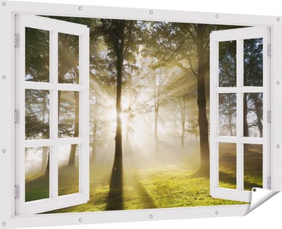 Gards Tuinposter Doorkijk Zon tussen de Bomen - 180x120 cm - Tuindoek - Tuindecoratie - Wanddecoratie buiten - Tuinschilderij