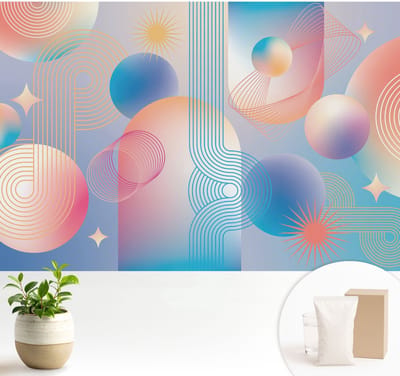 Wallfluent Behang - Kleurrijke abstractie Vliesbehang - 104x70 cm - Blauw Behang - Voor liefhebbers van bloemen en elegante interieurdecoratie - Behang Voor de slaapkamer, woonkamer en hal - Behangrol Abstractie