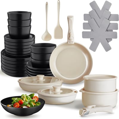 tectake® Complete Pannenset - Borden Set - Aardewerk - 46-delig - 6 Persoons - Set met Servies, Koekenpan, Spatel, Kookpan, Kommen - Pannen met Deksel en Antiaanbaklaag - Ovenbestendig - Vaatwasbestendig - Geschikt voor Inductie - Zwart/Wit