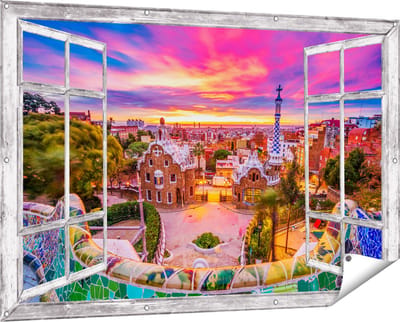 Gards Tuinposter Doorkijk Park Güell Uitzicht op Barcelona - 150x100 cm - Tuindoek - Tuindecoratie - Wanddecoratie buiten - Tuinschilderij