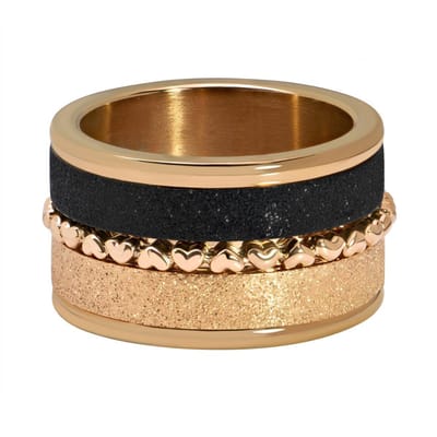 Quiges Dames Stapelring Set RVS Hartjes Rosé Verguld en Zwart - Maat 17 - Hoogte 10mm - SRS00717