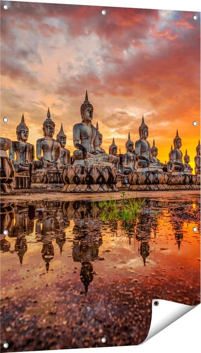 Gards Tuinposter Boeddha Beelden tijdens Zonsondergang - 80x120 cm - Tuindoek - Tuindecoratie - Wanddecoratie buiten - Tuinschilderij