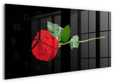 Tulup Wandklok - Roos Wandklok Glas Decoratie - 60x30 cm - Zwart Gekleurde Glazen Klok - Zwarte Handen - Rechthoekige Wandklok - Wandklok Glas Decoratie - Gekleurde Glazen Klok