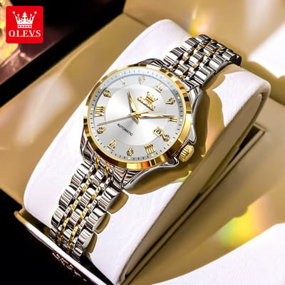 HO-6702.gz : OLEVS Dames mechanisch goud/zilverkleurig edelstalen horloge, Tourbillon , kalenderdag