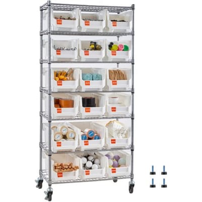 VEVOR vrijstaande opbergkast, opbergrek met 7 niveaus en 18 stapelbare dozen, boekenplank, keukenrek op wielen, gereedschapskast voor garage, magazijn, kantoor, restaurant, klaslokaal, keuken, 690x355x1490 mm