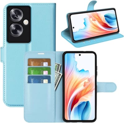 Geschikt voor Oppo A79 5G - Premium Lederen Portemonnee Hoesje - Kaarthouder - Magnetische Gesp - Lichtblauw