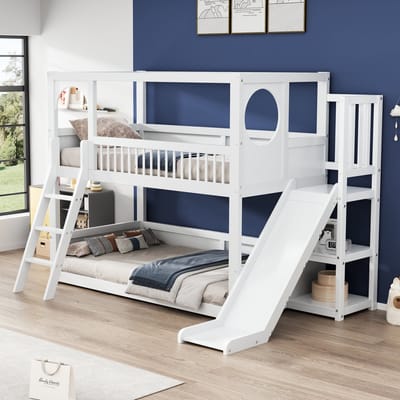 Stapelbed - 90x200cm - Multifunctioneel Kinder Stapelbed met Planken en Glijbaan - Regalen Glijbaan - - Wit