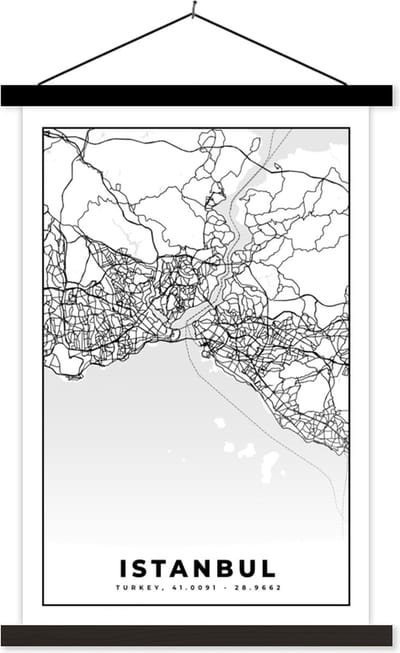 Posterhanger incl. Poster 40x60 cm - Schoolplaat - Istanbul - Plattegrond - Stadskaart - Zwart Wit - Kaart - Textielposter - Zwarte latten - Stadskaart