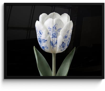 Poster in lijst - Fotolijst 80x60 cm - Posters - Tulp - Patroon - Blauw - Posterlijst zwart - Decoratie - Wanddecoratie woonkamer - Muurdecoratie slaapkamer