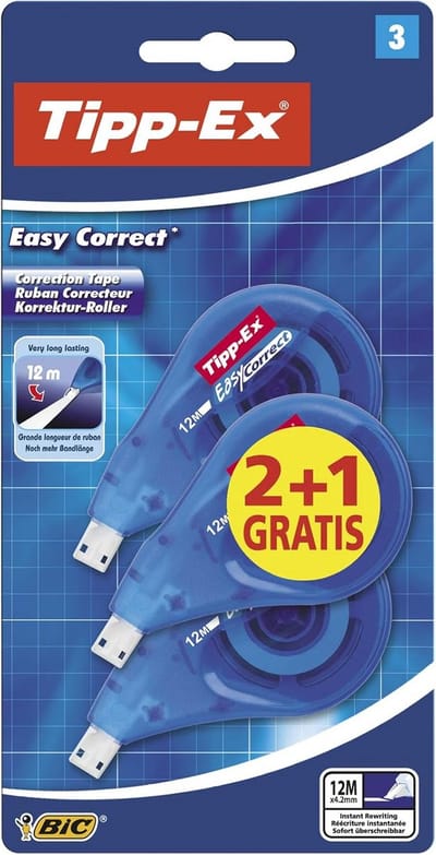 Thijox - Tipp-Ex Easy Correct Correctieroller 2+1 Stuks - Zijdelingse Correctie, 4,2 mm x 12 m - Duurzame Folie voor Nauwkeurige Controle