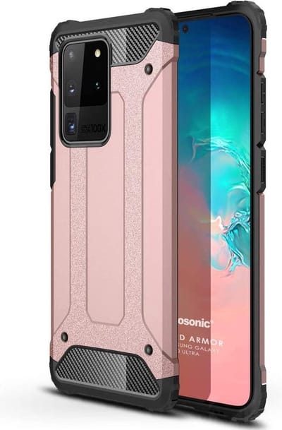Schokbestendig Heavy Duty Hoesje Geschikt voor: Samsung Galaxy S20 Ultra Shock Proof Hybride - Back Cover - Dual Layer Armor Case - Extra Stevig - Rosegoud