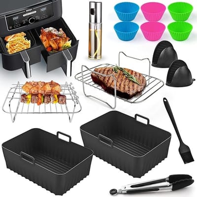 Airfryer Accessoires Set - Siliconen Bakvorm & Grillrek voor Dubbele Airfryers 7,6-9,5L