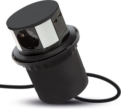 DELIGHT - Inbouw Pop-Up Tafelblad Stekkerdoos met 2x USB en 3 Stopcontacten - Zwart - Lage inbouwdiepte