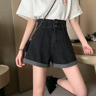 Nieuwe denim shorts met hoge taille van katoen, dames superhoge taille losse casual en slanke zomer opgerolde A-lijn broek met wijde pijpen XXL