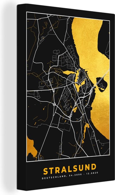 Canvas Schilderij Stralsund - Goud - Plattegrond - Kaart - Stadskaart - Duitsland - 20x30 cm - Wanddecoratie