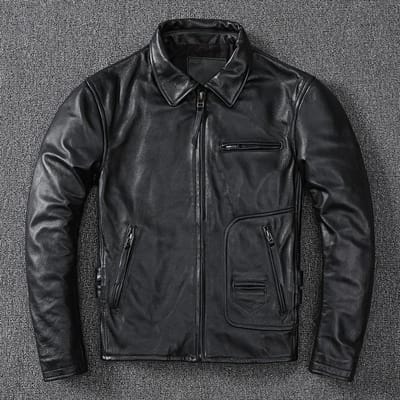 Slim-fit Puur Bovenlaag Rundleer Jas Heren Revers Motorjas Leer Mode Trend Jas 4XL black