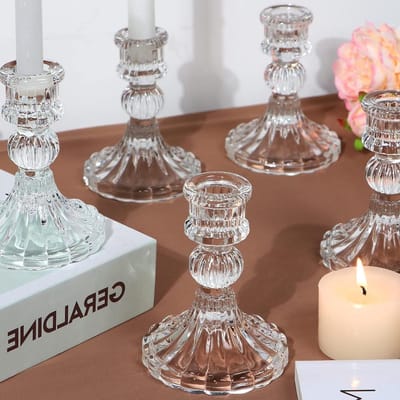 Kandelaar Houders Set - Glazen Kaarshouders - Feestelijke Decoratie - Verzwaarde Basis - 12 Stuks - Transparant