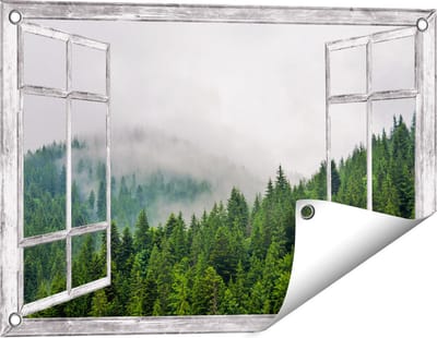 Gards Tuinposter Doorkijk Groen Bos met Bomen tijdens de Mist - 60x40 cm - Tuindoek - Tuindecoratie - Wanddecoratie buiten - Tuinschilderij