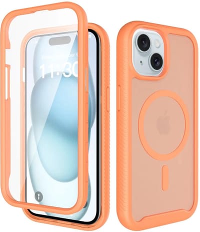 Hoesje met Ingebouwde Screenprotector Geschikt voor Apple iPhone 15 - Compatibel met MagSafe / Qi2 - Full Protect - Schokbestendige Beschermhoes - Case Matte Oranje