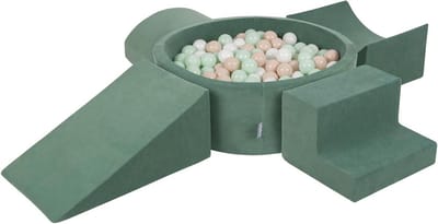 Ronde Balletank met 300 Balletjes & 4 Foam Speelmodules – Fluwelen Speelset voor Jonge Kinderen – Pastel Beige/Wit/Mint