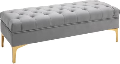 Wishdor - Zitbank - Geknoopte Zitting En Metalen Poten - Elegant Ontwerp - Voor Slaapkamer Of Hal - Hout En Fluweel - Lichtgrijs - 118 X 45 X 42 Cm