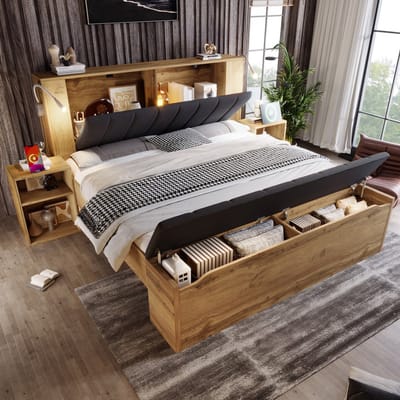 KOMHTOM - Tweepersoonsbed - 180 x 200 cm - houten bed - opklapbaar hoofdeinde van linnenstof - opbergruimte - twee nachtkastjes - bedbank met opbergruimte - leeslampjes met USB - lattenbodem - eiken kleur - zonder matras