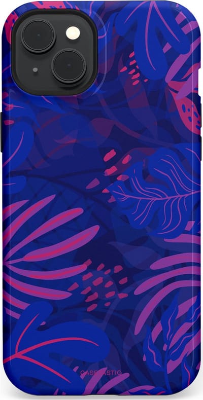 Casetastic hoesje geschikt voor Apple iPhone 15 Plus - MagSafe - Dubbellaagse bescherming - Neon jungle blad - Fashion Case - Donkerblauw Lavendel Roze