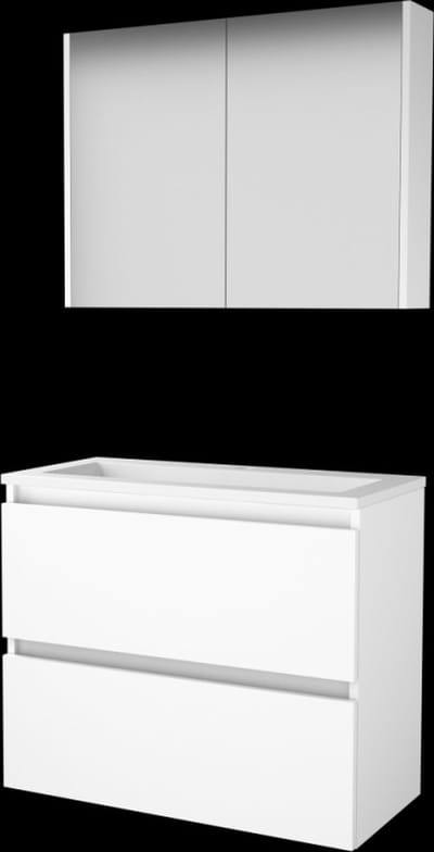 Basic Comfort 39 badmeubelset met spiegelkast, greeploze wastafelonderkast met 2 lades en acryl wastafel met 1 kraangat 80 x 39 cm, ice white