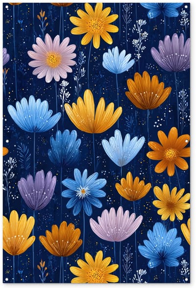 Tuinposter 120x180 cm - Tuindecoratie Bloemen - Patroon - Blauw - Contrast - Poster voor in de tuin - Buiten decoratie - Schutting tuinschilderij - Tuindoek muurdecoratie - Wanddecoratie balkondoek