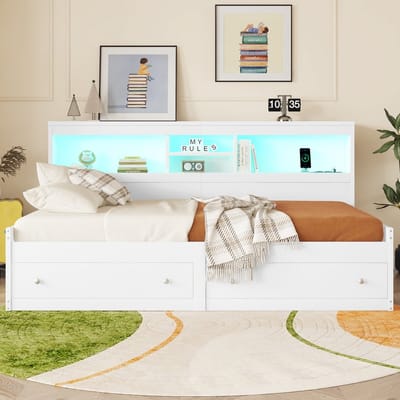 MEUNIQ slaapbank 90x200 cm met 2 lades, opbergvakken, LED-verlichting, 2 USB- en 2 laadpunten, lattenbodem zonder matras, wit, voor slaapkamer