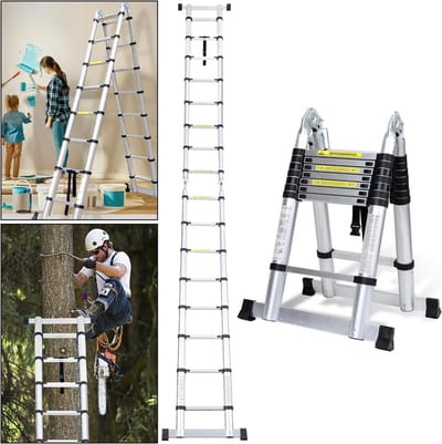 Aluminium Telescopische Ladder 5 m - Schuifladder 2 x 2,5 m - Opvouwbaar - Multifunctioneel - 150 kg - Zilver
