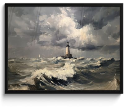 Poster in lijst - Fotolijst 70x50 cm - Posters - Vuurtoren - Golven - Storm - Posterlijst zwart - Decoratie - Wanddecoratie woonkamer - Muurdecoratie slaapkamer