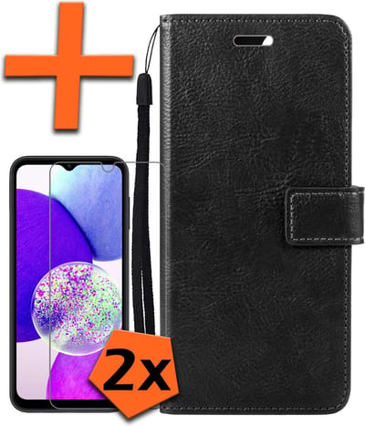 Hoes - Met 2x Screenprotector - Geschikt voor Samsung Galaxy A14 - Luxe Pasjeshouder - Bookcase Portemonee - Flip Case - Kunstleer Book Case - Flipcase Hoes - Book Cover - Walletcase - PortemonneeHoes - Zwart