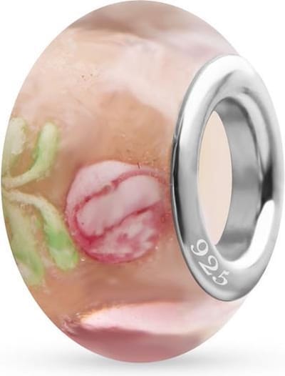 Quiges - 925 - Sterling - zilver - Glazen - Kraal - Bedels - Beads - Roze Bloemen - Past op alle bekende merken - Armband GZ066