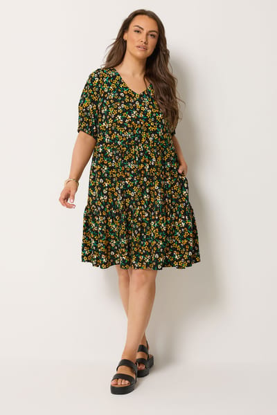 Yours Zwarte Minismockjurk Met Bloemenprint En Laagjes Size 42