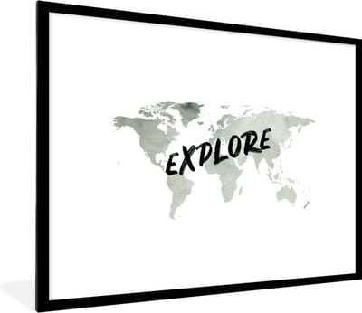 Poster in lijst - Fotolijst 80x60 cm - Posters - Wereldkaart - Reizen - Wit - Posterlijst zwart - Decoratie - Wanddecoratie woonkamer - Muurdecoratie slaapkamer