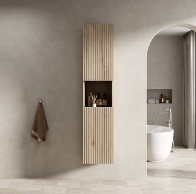 MIVRAY Opbergkast - Smalle Badkamer Wandkast Met 2 Deuren En Open Vak - Voor Badkamer Wasruimte En Woonkamer - Multiplex - 160x35x35 Cm - Wit Eiken
