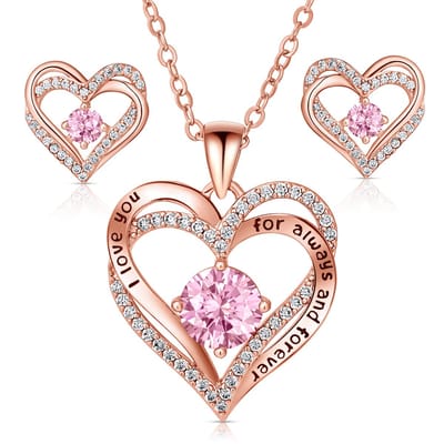 Juwelium Sieradenset + Houten Doos & Teddybeer Geschenkset | Luxe Rose Goldplated I Love You Hartjes Ketting en Oorbellen met Zirkonia | Perfect Cadeau voor Vrouw, Vriendin, Moeder, Dochter