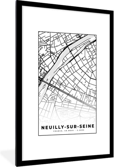 Fotolijst incl. Poster Zwart Wit- Kaart - Plattegrond - Frankrijk - Stadskaart - Neuilly-sur-Seine - Zwart wit - 80x120 cm - Posterlijst