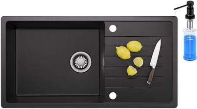 CECIPA max Spoelbak Keuken - Graniet Spoelbak 86x45CM Zwart - Spoelbakken Keuken Met Zeepdispenser - Spoelbakken Met Afdruip - Opbouw Spoelbak