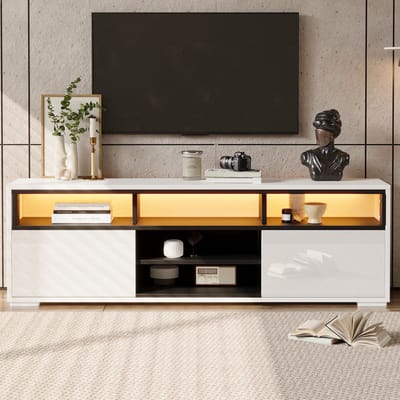 OKWISH Tv-Meubel - Hoogglans Met Led-Verlichting - 150 x 35 x 50 cm - 2 Deuren En Open Vakken - Voor Kleine Woonkamer - Spaanplaat Wit